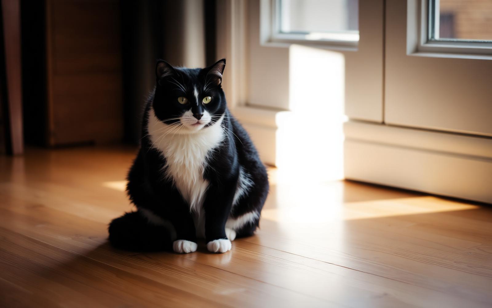 En tuxedo-katt sitter i ett soligt rum